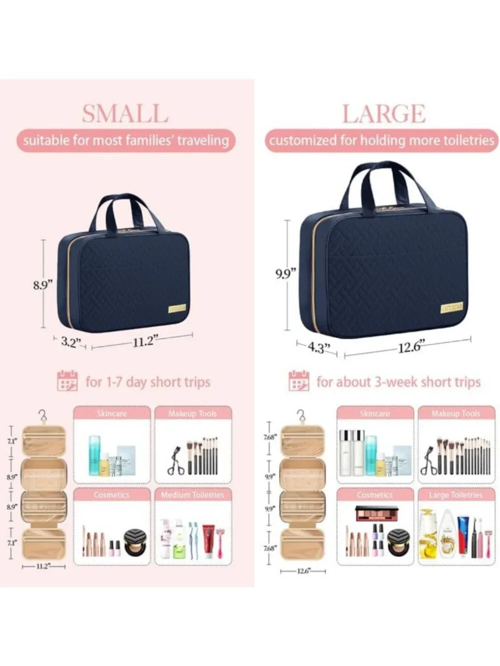 Travel Toiletry Bag for Men & Women - Hanging Organizer, Navy Blue Essentials